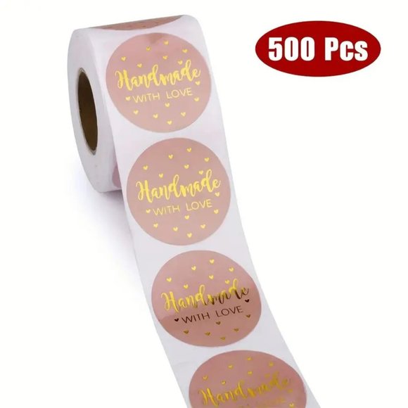 NEW 500 Stickers "Handmade With Love" Stickers Baking , Craft Labels - Pink/Gold - Picture 3 of 4